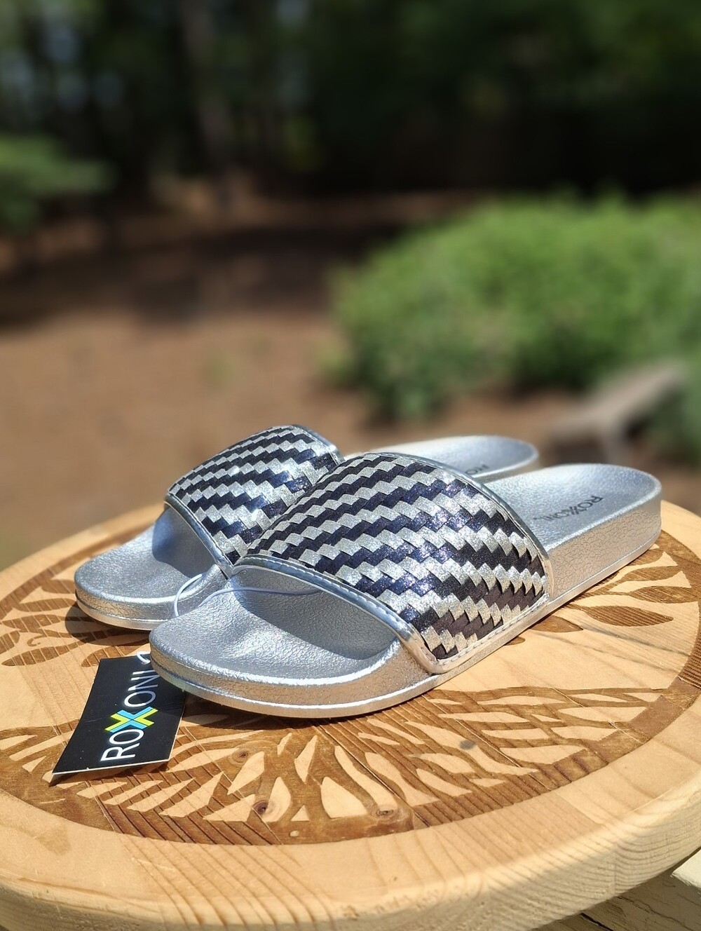 Roxoni Blue Silver Women's Slide Sandal with Woven Designed Strap #3113